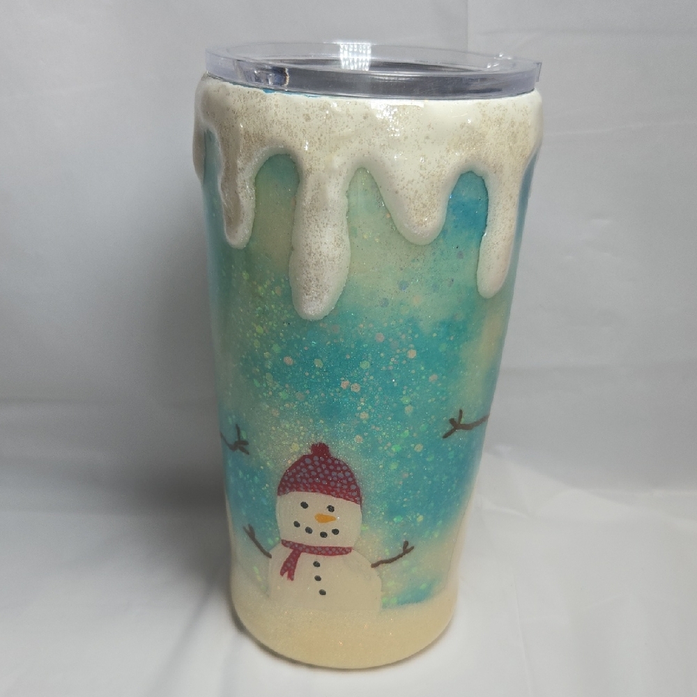 20oz Hand Panted Snowman Themed Blue and White Tumbler